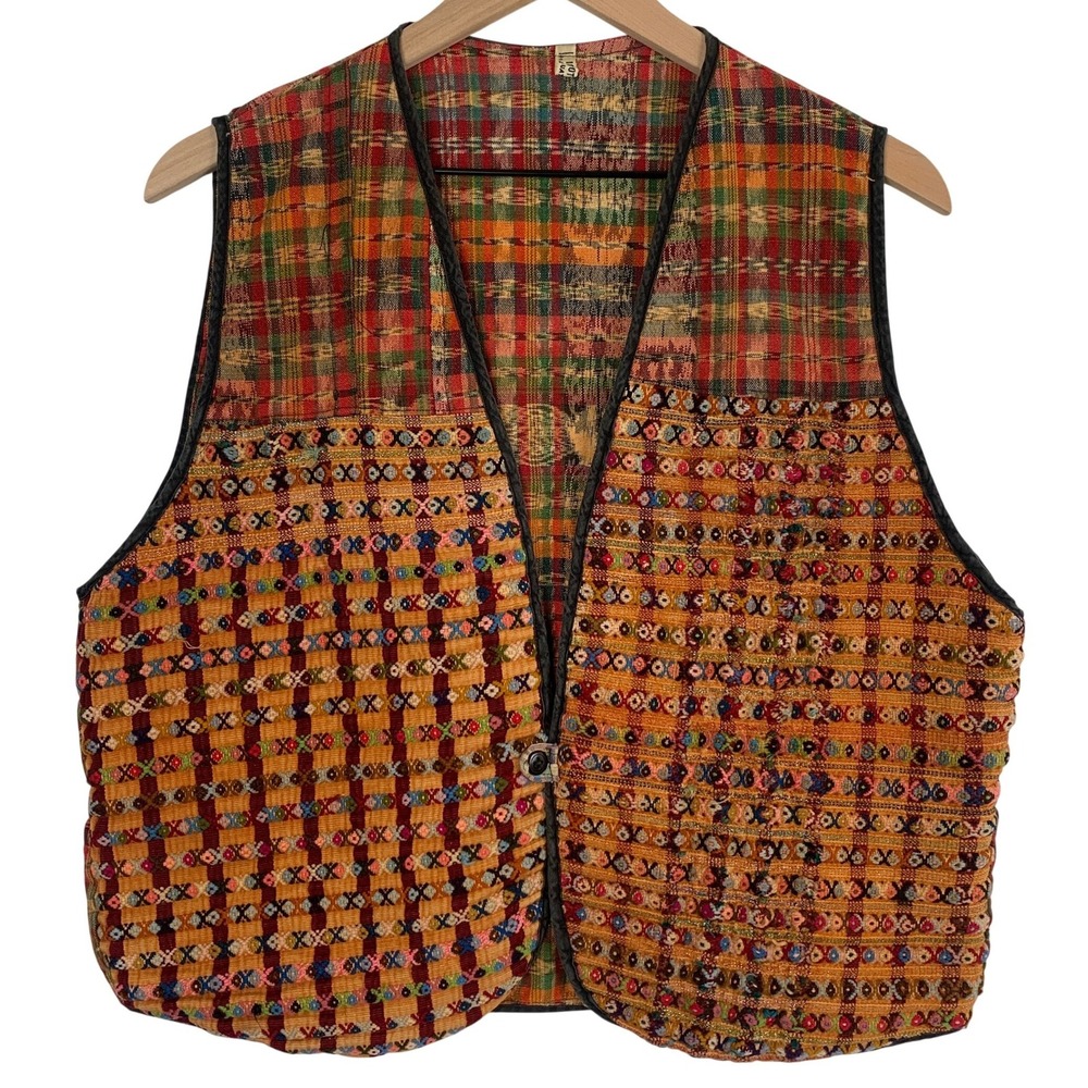 VTG Handmade Guatemalan Cotton Embroidered Vest L/XL Multi Color Metallic Boho